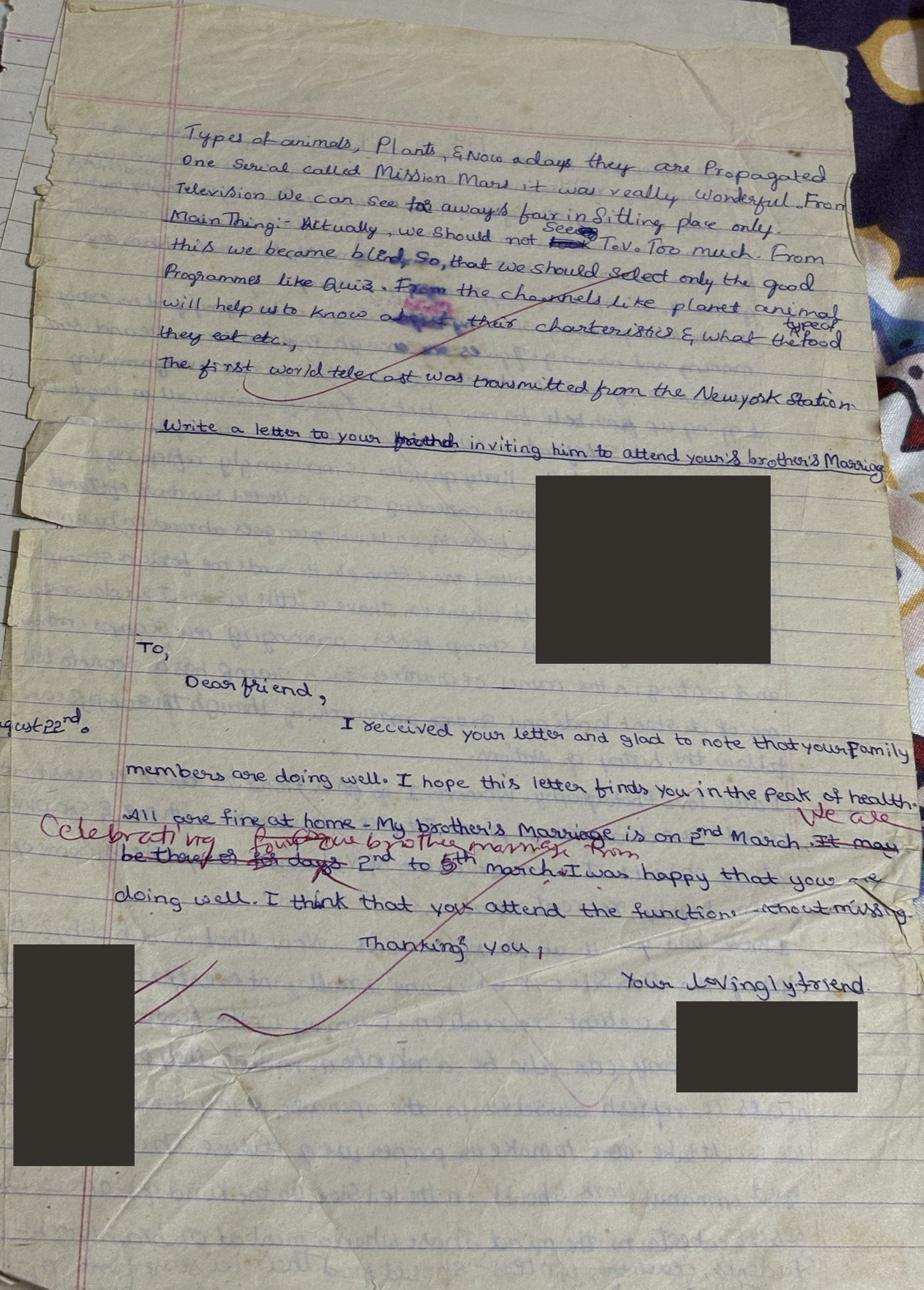 Handwritten notebook page with the end of an essay on television and a letter inviting a friend to a brother's wedding.